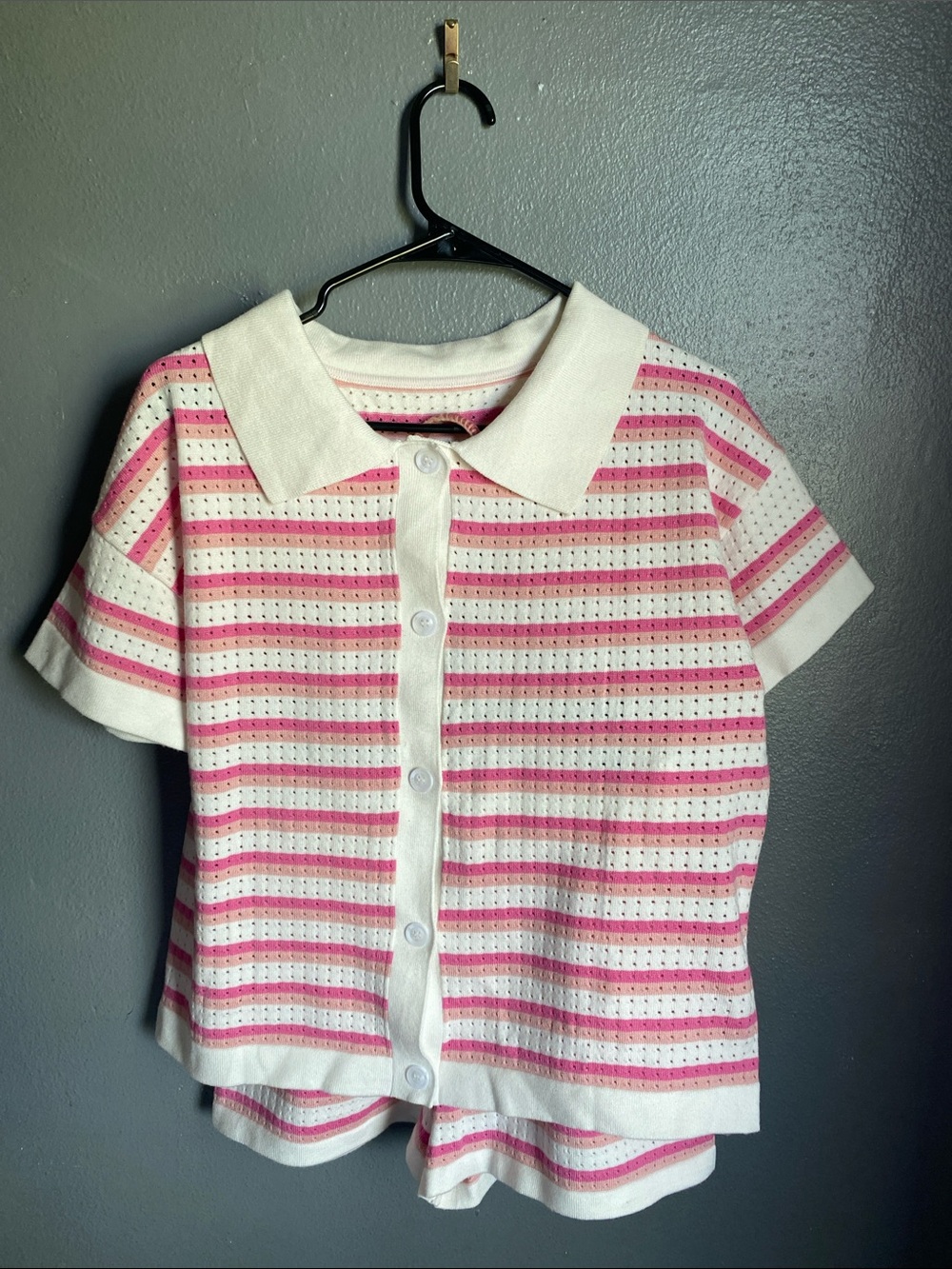 Pink & White Striped Polo Cardigan Top with matching shorts